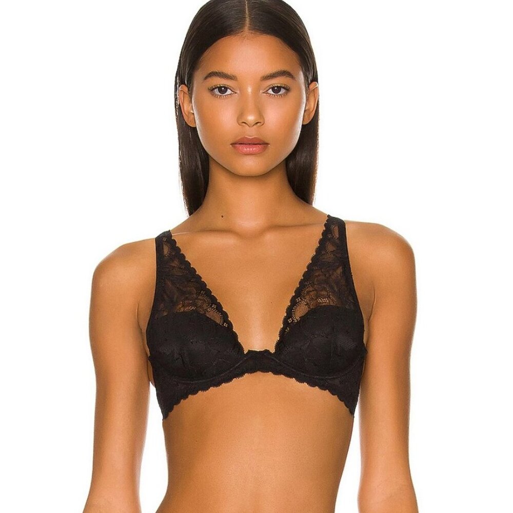 Fleur du Mal Black Gardenia Lace Overlay Demi Bra 36D NWT